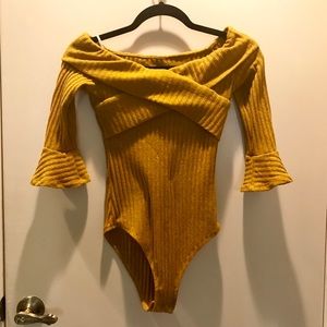Mustard yellow off-the-shoulder bodysuit